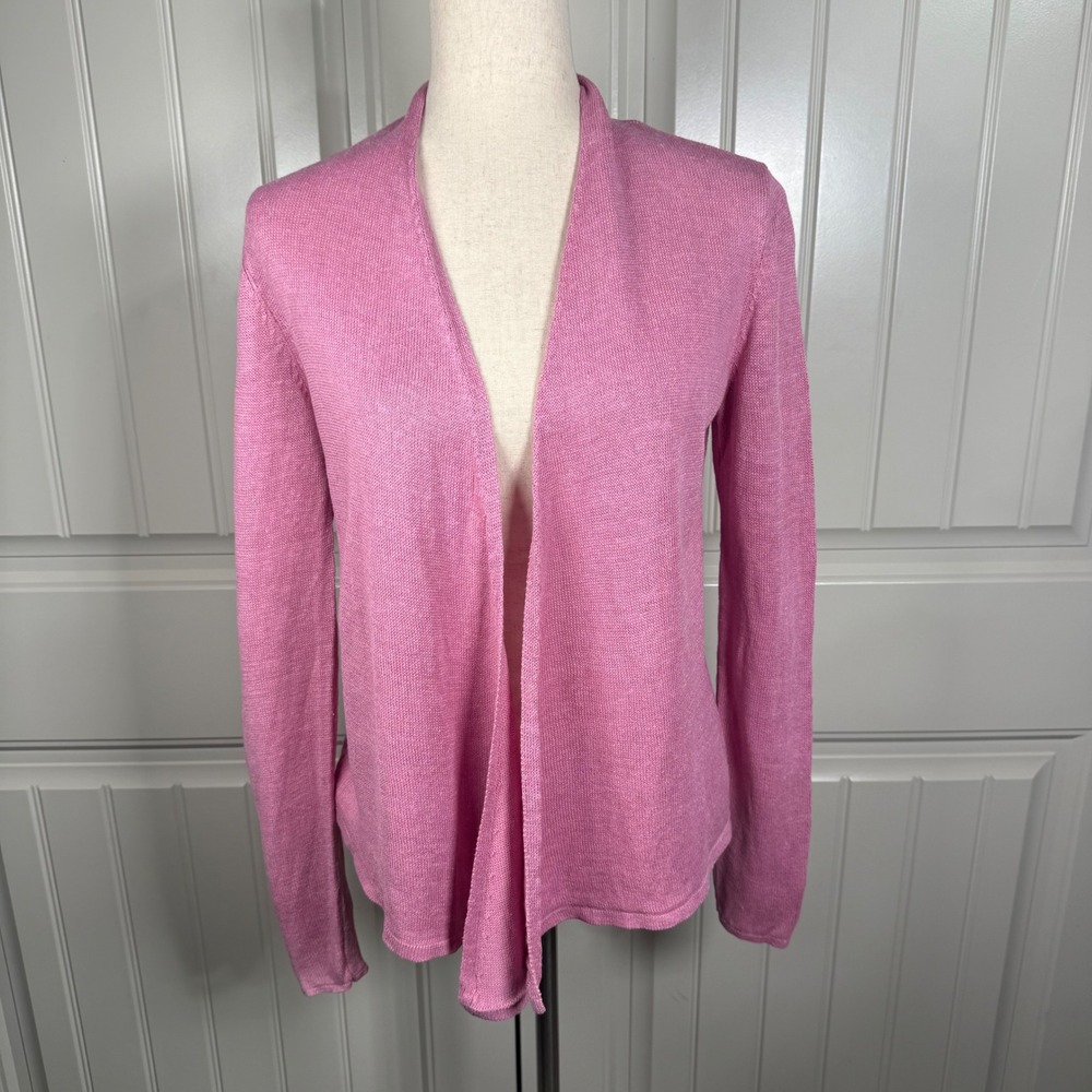 Eileen Fisher Linen Sweater Womens XS Pink Knit Open Front Coastal Quiet Luxury‎